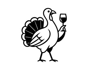 Elegant thanksgiving turkey holding a wine glass in a humorous minimal black and white style, festive holiday bird illustration for celebration designs and seasonal decor. Vector illustration.