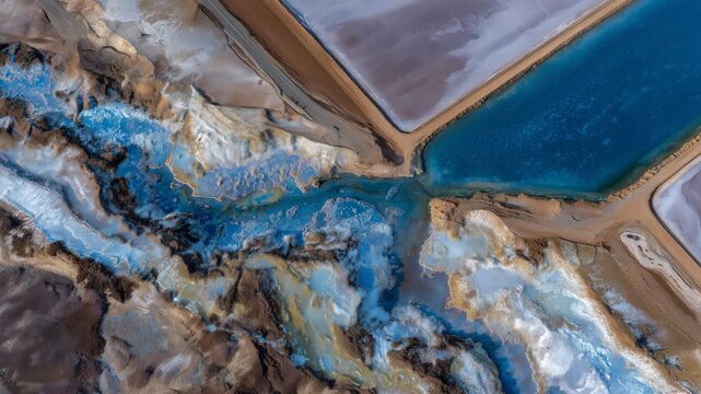197Drone image capturing the scale of salt extraction ponds, glimmering crystallized salt contrasting with muted desert earth, expansive sky overhead