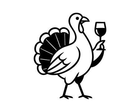 Elegant thanksgiving turkey holding a wine glass in a humorous minimal black and white style, festive holiday bird illustration for celebration designs and seasonal decor. Vector illustration.