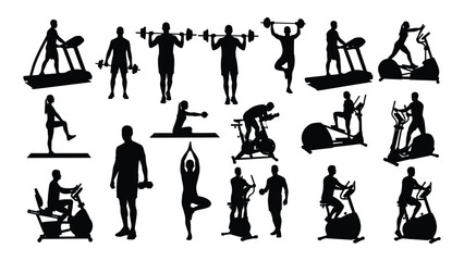 Diverse fitness and exercise silhouettes isolated on white background, Vector