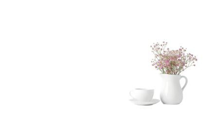 A delicate white ceramic pitcher filled with small pink flowers and a matching teacup and saucer, isolated on a transparent background