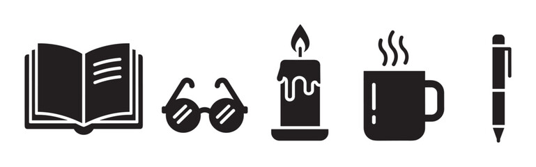 A collection of five black silhouette icons depicting an open book, round eyeglasses, a lit candle, a steaming mug, and a pen, arranged horizontally in a clean graphic style