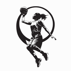 Female Basketball Player Jump Shot Silhouette Vector on white background © Edo