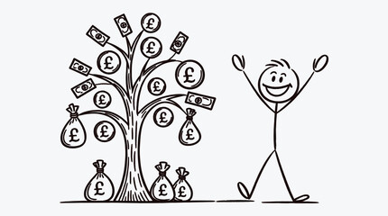 Money tree with stick figure rejoicing for financial success and growth