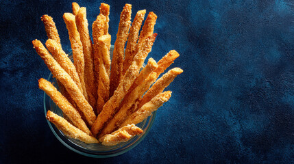 Close-up shot of crispy breadsticks arranged in a glass bowl