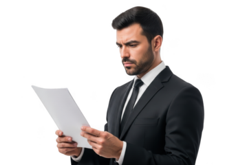 Focused professional man in dark suit and tie intently reviewing important documents and paperwork isolated on transparent background