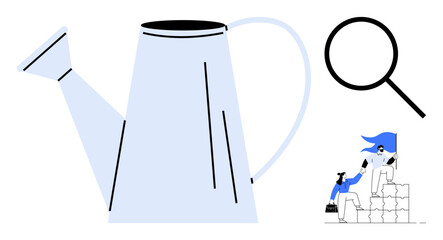 Large watering can beside magnifying glass and two figures collaborating on stacked blocks. Ideal for growth, teamwork, exploration, support, goal achievement, research, personal development. Simple