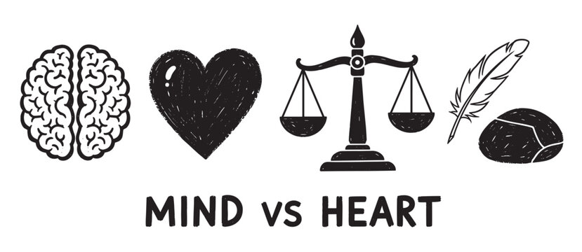 A hand-drawn, grunge-style illustration features a brain, heart, and balance scale, accompanied by a feather and stone, with the bold text 'MIND VS HEART' conveying a conceptual conflict