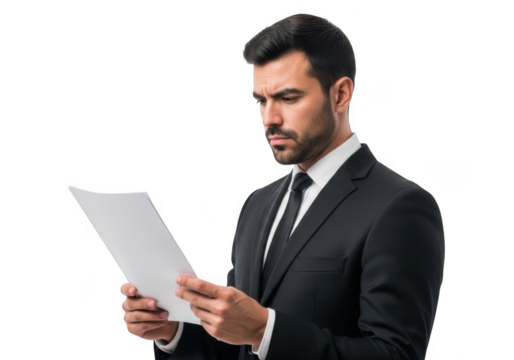 Focused professional man in dark suit and tie intently reviewing important documents and paperwork isolated on transparent background - Powered by Adobe