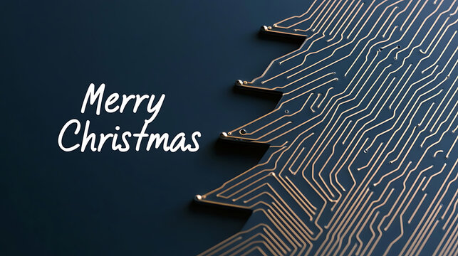 A digital Christmas tree with pathways symbolizes connection and innovation. Circuit board design meets holiday cheer in a modern festive message. Merry Christmas!