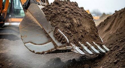 Excavator Bucket Digging Trench in Construction Site.