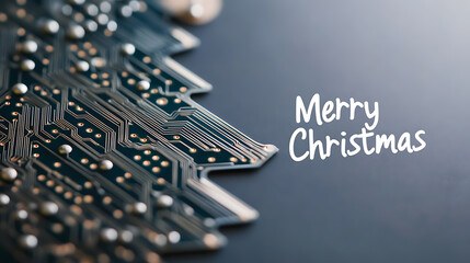 Merry Christmas from the tech world! This image features a Christmas tree formed by a circuit board pattern. The greeting adds a festive touch to the high-tech aesthetic.