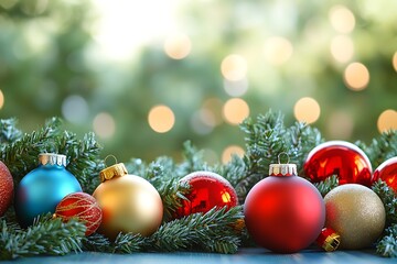 Colorful Christmas ornaments and greenery arranged on a table with soft bokeh background enhancing festive spirit during holiday season.