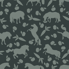 Seamless pattern with silhouettes of ponies, apples and carrots on dark background