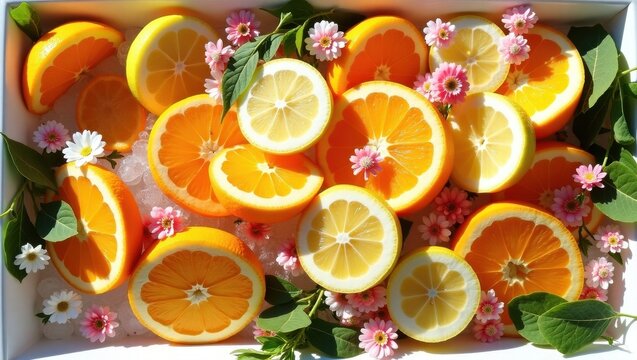 Freshly sliced oranges and lemons with pink flowers and green leaves