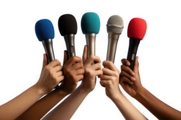 Many hands holding colorful microphones for a press conference or interview. Isolated on transparent background