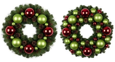 Two festive christmas wreaths made of green pine needles, decorated with red and green baubles and pinecones, isolated on a transparent background