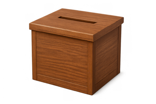 Wooden ballot box representing voting, democracy, elections, and decision-making on a transparent alpha background