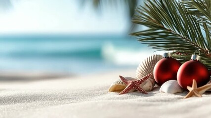 Festive red Christmas ornaments, starfish and seashells arranged on pristine white sand with blurred turquoise ocean and palm frond for a tropical holiday getaway vibe