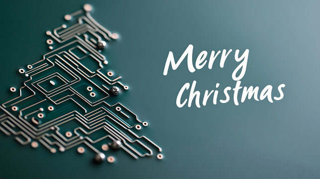 Festive circuits: A unique, abstract Christmas tree crafted from intricate circuitry and metallic accents, embodying a fusion of technology and holiday cheer. Merry Christmas!