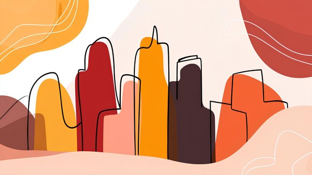 Abstract city skyline illustration featuring colorful geometric shapes and flowing lines, creating a vibrant urban atmosphere with a modern artistic flair