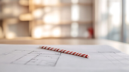 A candy cane sits atop architectural plans, symbolizing sweet success in design & construction. Inspiring innovation & collaboration. #DesignDreams #SweetPlans