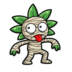 Funny cartoon mummy monster with green leaves isolated on transparent background