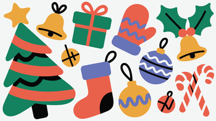 Festive Christmas Holiday Icons with Tree Ornaments Gifts and Candy Canes