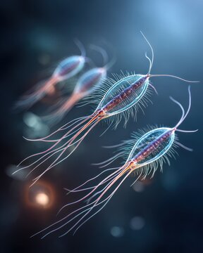 Paramecia swim quickly through water, displaying their unique shapes and swift movements in a vibrant environment