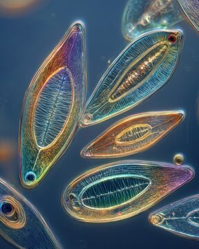 Paramecia swim swiftly in water, displaying their distinct shapes and colors, captured under high magnification