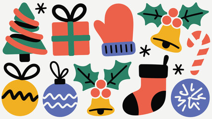 Colorful Christmas Icons Tree Gift Mitten Bells Ornament Stocking and Snowflake