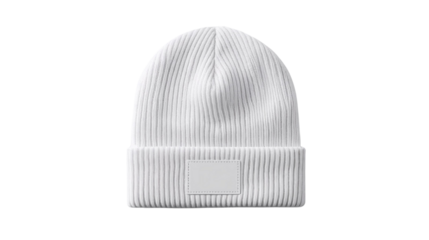 White Ribbed Knit Beanie Hat with Blank Patch Logo Mockup Isolated on Transparent Background