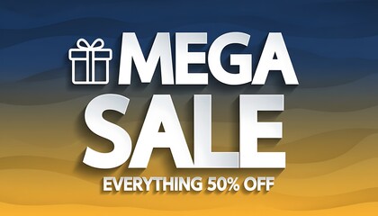 Mega sale announcement with gift icon and fifty percent off offer on gradient background