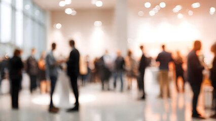 Blurred figures at a trade show or business event. Business convention or job fair. Conceptual business background. Shoppers. Event.