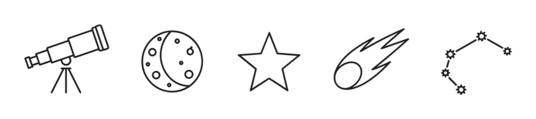 Obraz premium A collection of astronomy and space exploration icons featuring a telescope, moon, star, meteor, and constellation, all depicted in a clean, minimalist black line art style