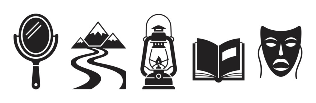 A collection of black silhouette icons including a hand mirror, mountain path, vintage lantern, open book, and theatrical mask representing various concepts