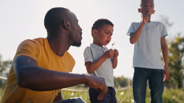 Father and two young boys enjoying time outdoors, blowing dandelions in a green meadow on a sunny summer day, low angle shot.