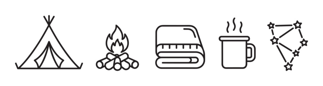 A set of minimalist black line icons for camping, including a teepee tent, a bonfire, a folded blanket, a steaming mug, and a star constellation for outdoor adventure