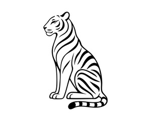 Elegant sitting tiger in minimalist black line art style, clean monochrome wild cat illustration perfect for logos, icons, tattoos and modern branding design. Vector illustration.