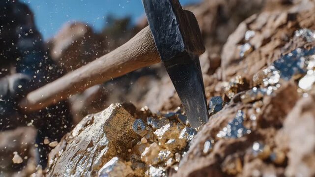228Detailed focus on a pickaxe edge breaking through crystalized minerals, golden and silver reflections glimmering under sunlight