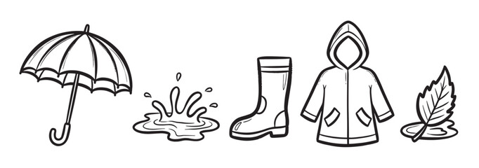 Obraz premium A collection of hand-drawn autumn icons including an umbrella, puddle splash, rubber boot, raincoat, and a leaf, illustrated in a simple black and white doodle style