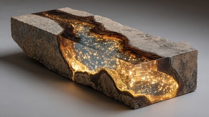 A stunning stone and resin block showcases unique textures and glowing patterns for a striking decor piece