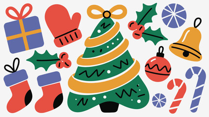 Colorful Christmas Doodle Illustration with Tree Gifts Ornaments and Holiday Symbols