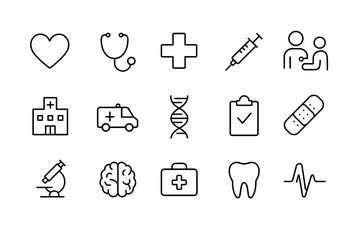 Fototapeta premium Medical icon set. Medical vector set. Icons of healthcare, hospital, ambulance, cross, DNA, heart, pill and doctor tools. Design for app, interface, web, card, banner.