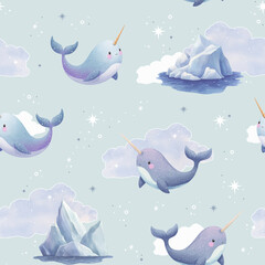 Kids seamless pattern design. Print with narwhals for fabrics, clothes, wallpaper, wrapping paper