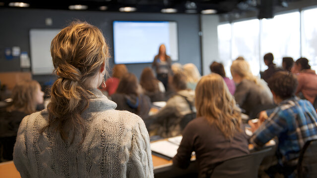 A group of people gathers during an educational session. Students listen to the professor's presentation in a seminar or lecture hall. A speaker delivers a lecture in a university classroom.