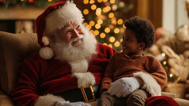 Cheerful young Black boy sits on Santas lap sharing Christmas wishes amid warm, cozy holiday lights and a decorated tree, radiating joy, magic and family tradition