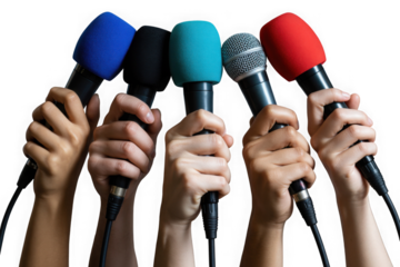 Multiple hands holding microphones of different colors isolated isolated on transparent background