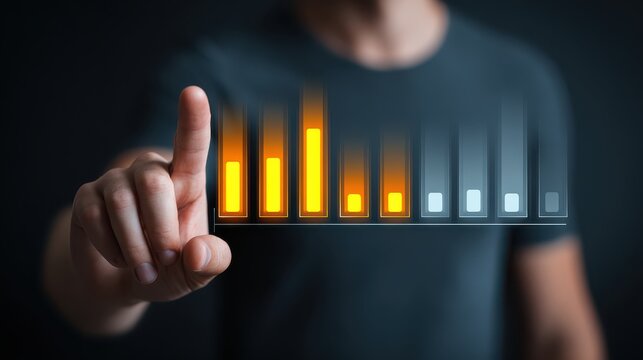 Focused Person Increasing Digital Data Metrics with Interactive Graph in Modern Dark Environment for Business Analysis and Financial Growth Illustration