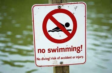 No swimming or diving sign warns of danger near water. Red circle with line over swimmer symbol. Obey safety rules to prevent accidents and injuries.